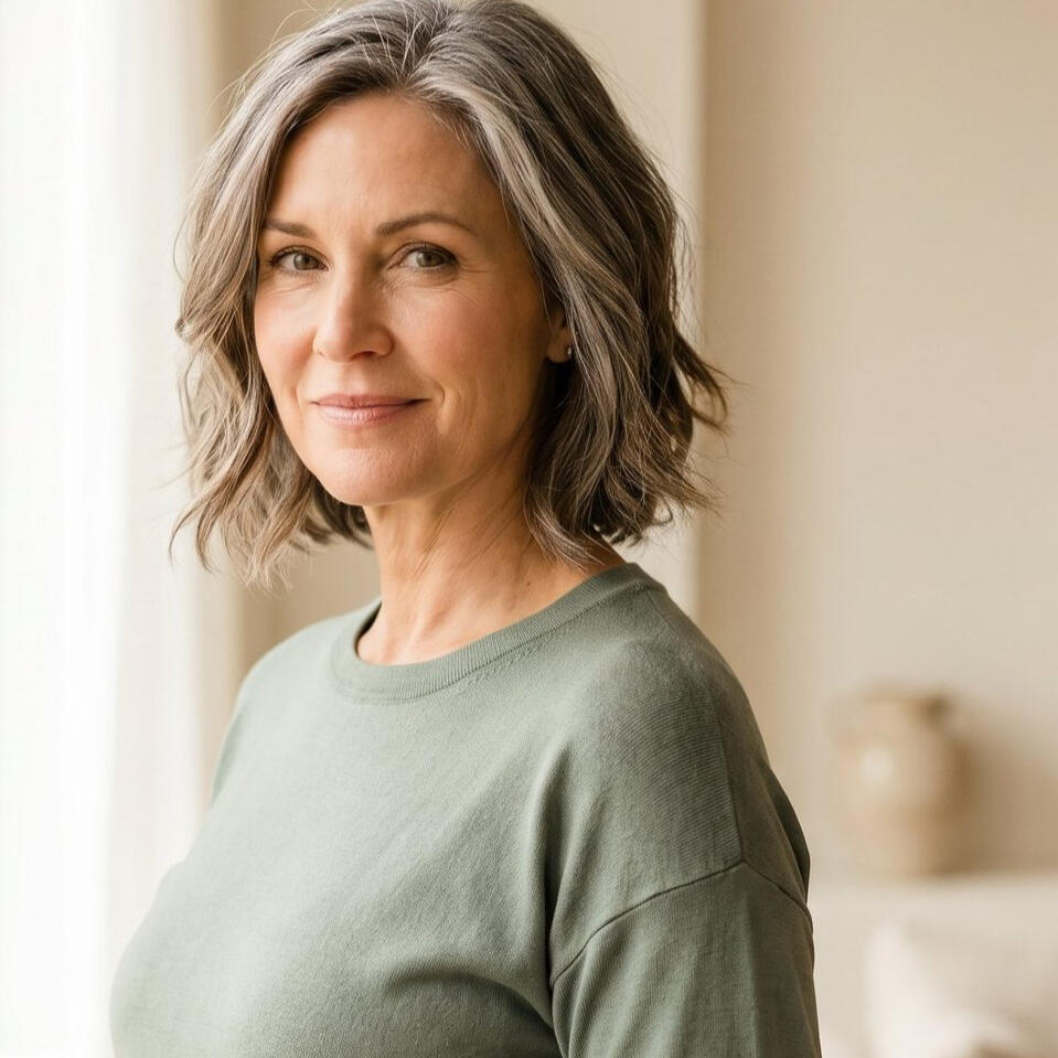 A strong, healthy woman in her late forties standing in warm natural light, calm and confident.